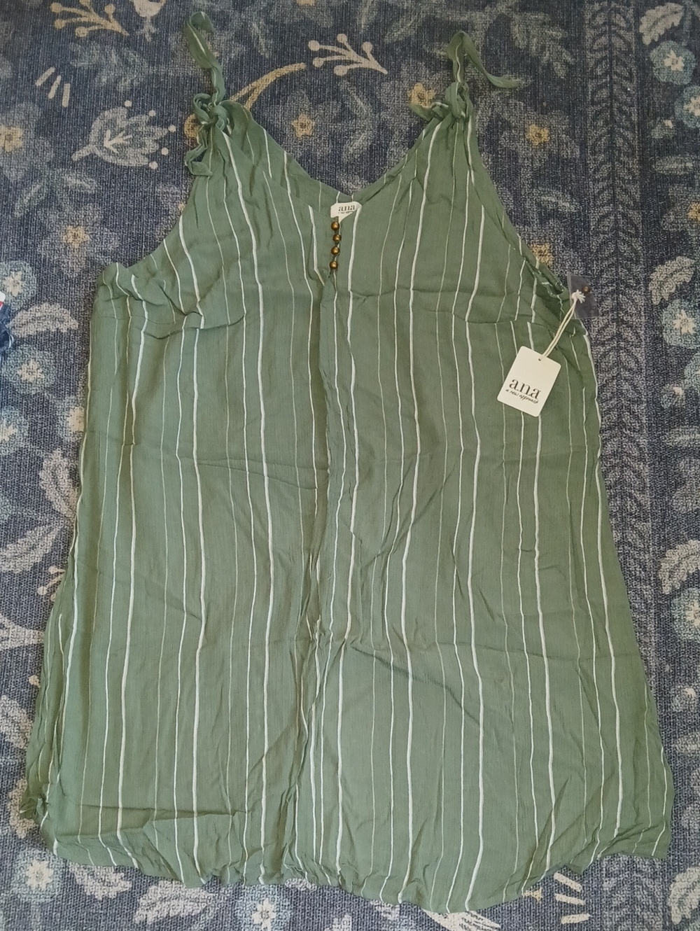 a.n.a Green and White Vertical Stripe Tie-Shoulder V-Neck Tank